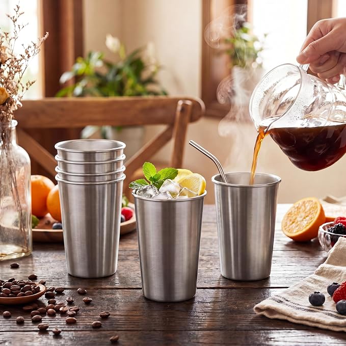 Mimorou 4 Pack 16 oz Stainless Steel Pint Cups Metal Cups Unbreakable Drinking Water Tumblers Stackable Tumbler for Adults Bar Home Restaurant Travel Picnic Camping Outdoor (Silver)