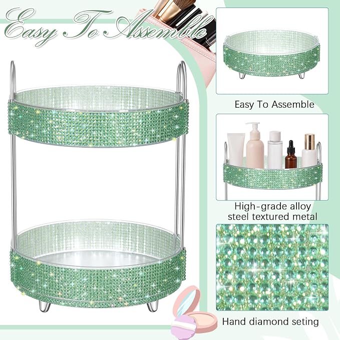 Honeydak 360 Rotating Perfume Organizer Gift for Women, Rhinestone Preppy Skincare Organizer Bathroom Counter Makeup Holder Skincare and Perfume Storage for Cosmetic(2 Tiers,Resin Diamond,Green)