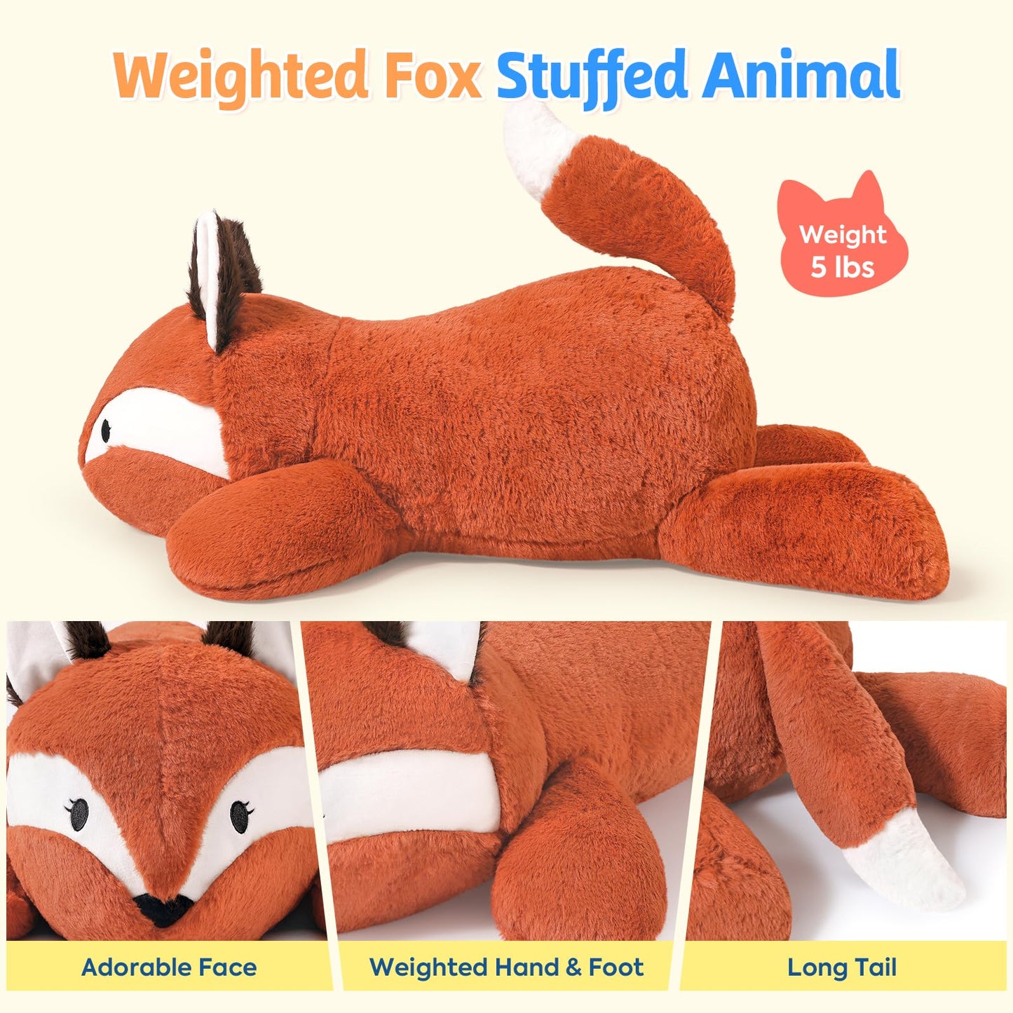 PEACH CAT 25.6 inch 5 lbs Fox Weighted Stuffed Animals Large Weighted Plush Soft Plushies Toys Body Pillow Gifts for Kids Adults