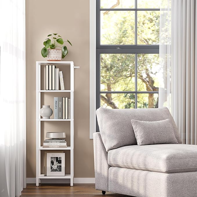 TUTOTAK Bookshelf, 5-Tier Tall Book Shelf, Narrow Bookcase for Small Space, DIY Stackable Bookshelf, for Living Room, Office, Study, Entryway, Industrial, White BS01BW005