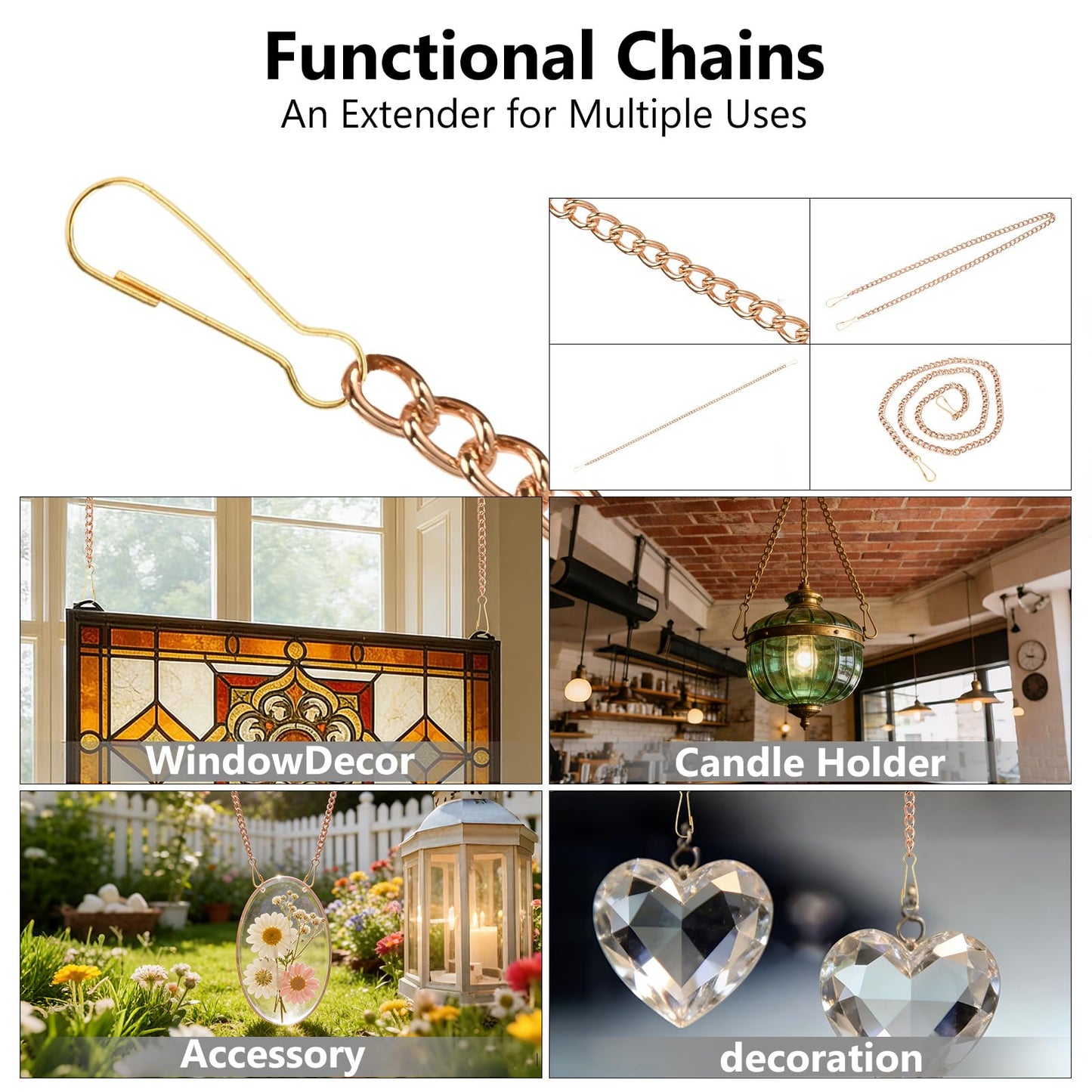 SANGLE SOPFFY Stained Glass Window Hanging Chain, 4PC 30 Inch Gold Metal Picture Hanging Chain Sunshine Catcher Stained Glass Window Panels Chains