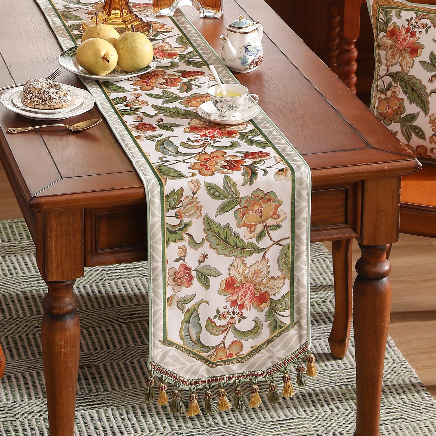 patdrea Designer Elegant French Floral Velvet Table Runner, Fresh Green with Orange Blossoms Pattern Table Mat, Decoration for Kitchen Dining Coffee Table Cabinet Banquet Thanksgiving,12"*71"