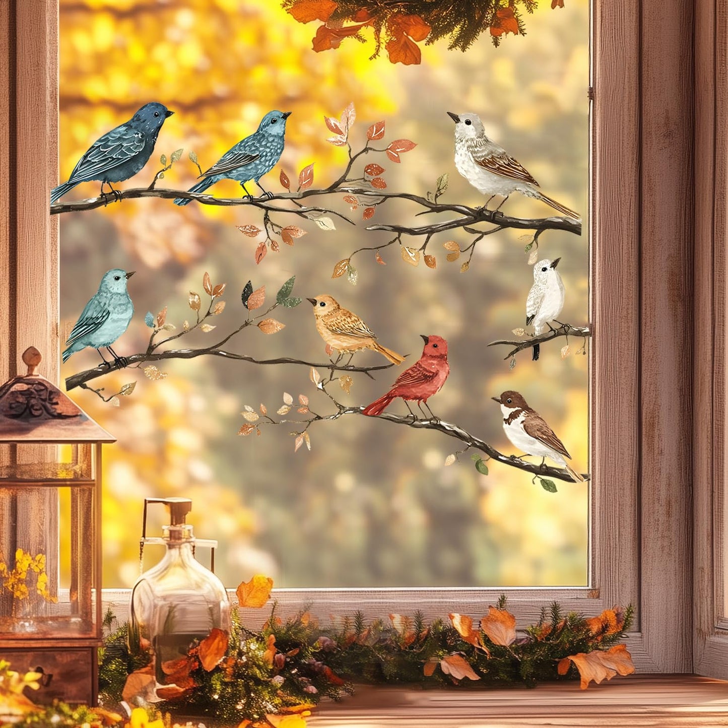 Nature Bird Branch Wall Decals – Removable Tree Branch Stickers with Birds & Autumn Leaves, Vinyl Wall Art Decor for Living Room, Bedroom, or Office