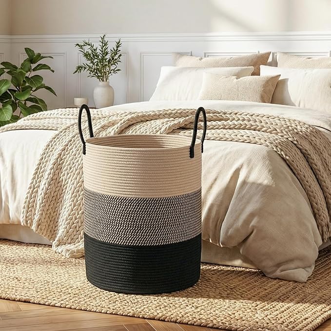 OIAHOMY Large Laundry Basket Hamper - 60L Cotton Rope Woven Basket for Blankets, Toys, Clothes - Tall Decorative Nursery Hamper with Long Handles, Yellow/Black