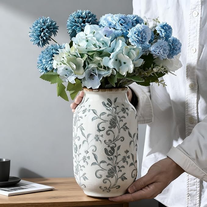 SIDUCAL Ceramic Vintage Vase, 8.78 Inch Chinoiserie Floral Vase, Retro Ice Cracked Rustic Farmhouse Vases for Home Decor, Living Room, Bookshelf, Office, Tuscan Decor, Gray Floral Pattern