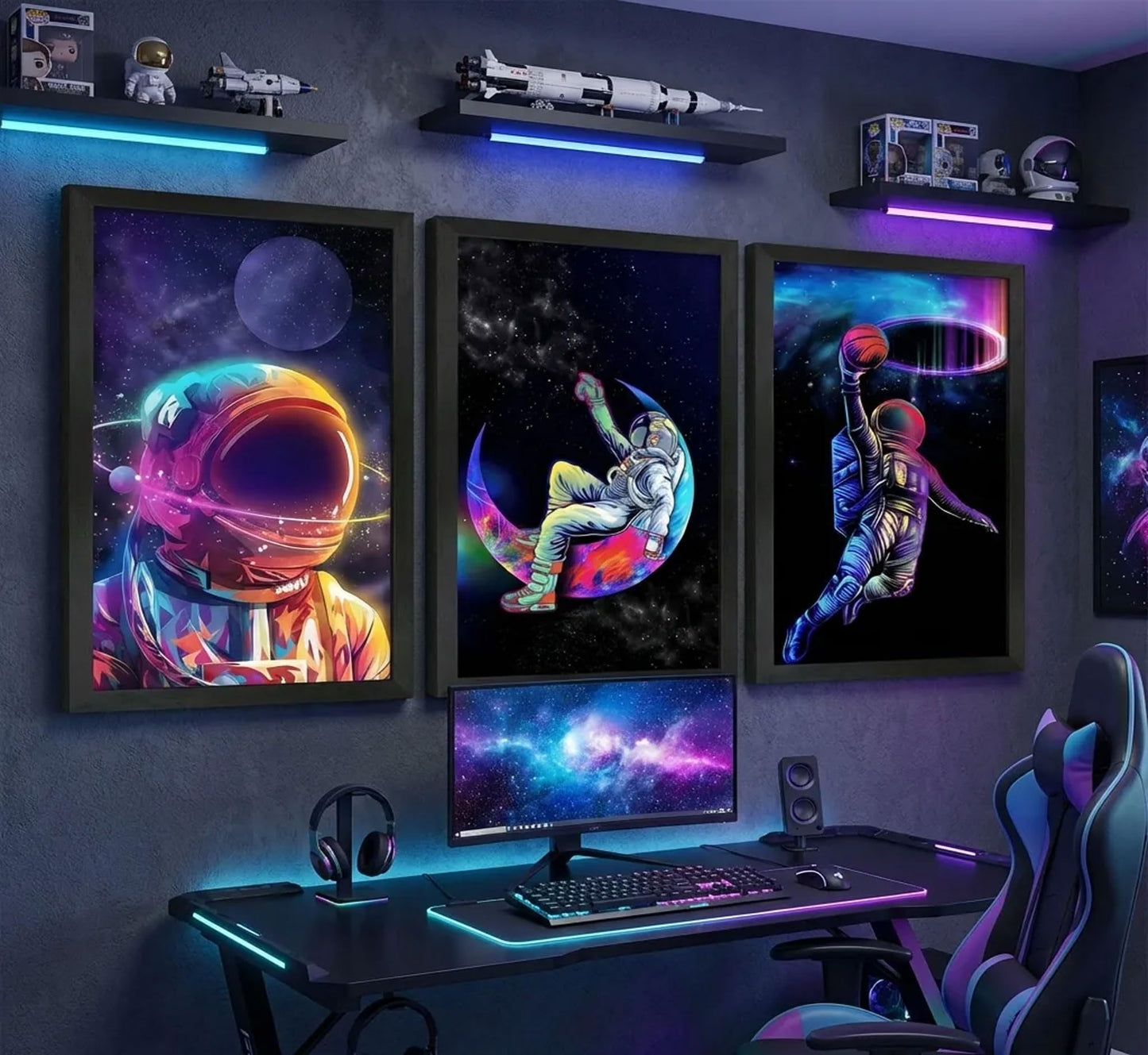 Framed 3pcs Astronaut Canvas Wall Art Dreamy Outer Space Galaxy Pictures Wall Decor Sci Fi Artwork Modern Universe Posters Prints Painting for Boys Bedroom Living Room Home Decoration