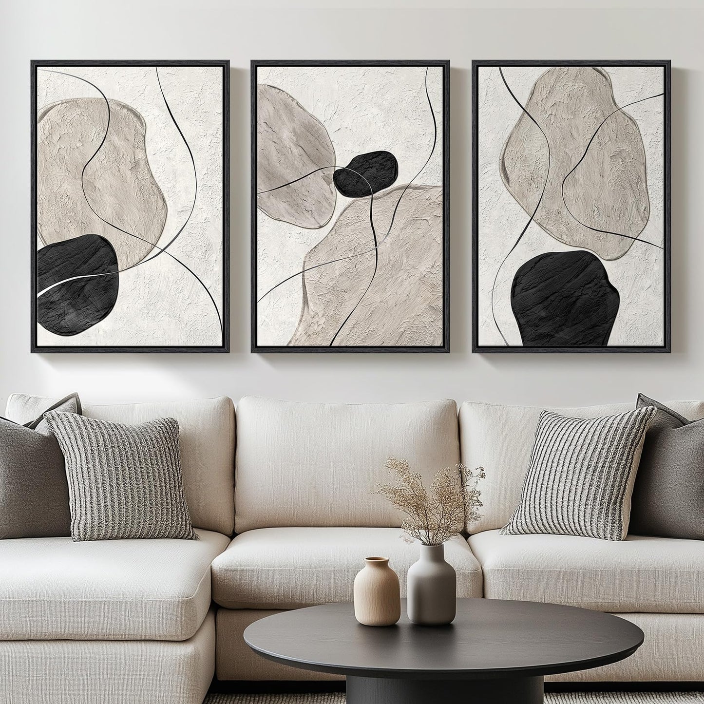 Framed Black and White Abstract Wall Art for Living Room, Large 3 Piece Neutral Minimalist Canvas Artworks, Modern Painting Prints for Dining Room Hallway Home Office Wall Decor, 24x36 In