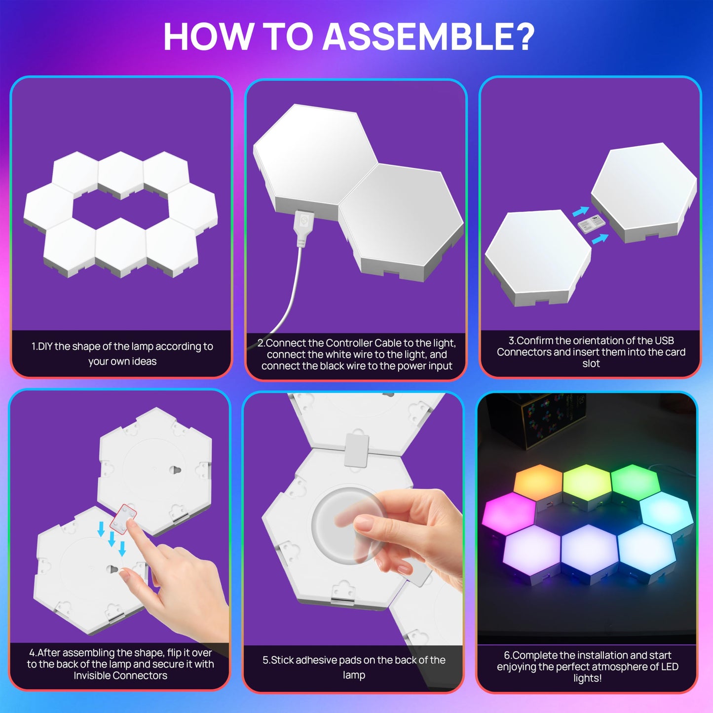 KORORO Hexagon LED Lights - 8 Pack Smart APP RGB Gaming Light with Remote Control & Music Sync Honeycomb Shape Hex Lights for Bedroom, Living Room Wall, Gaming Decor