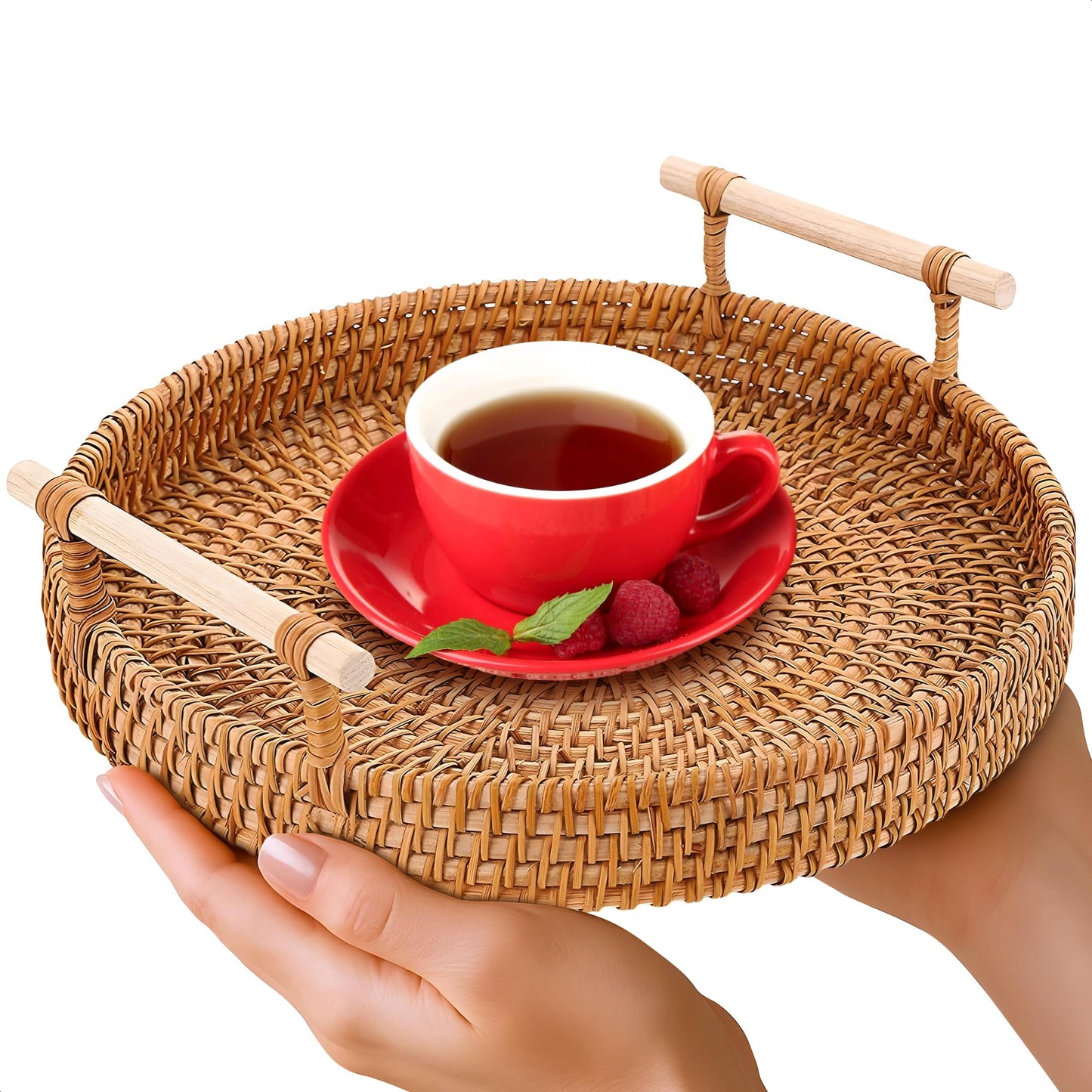 Rattan Tray 8.7-Inch Round – Woven Serving Basket with Handles – Holidays Romantic Decorative Tray for Coffee Table, Bread, Fruit, Vegetables, Restaurant & Home Use Charming Styling Coffee Table Decor