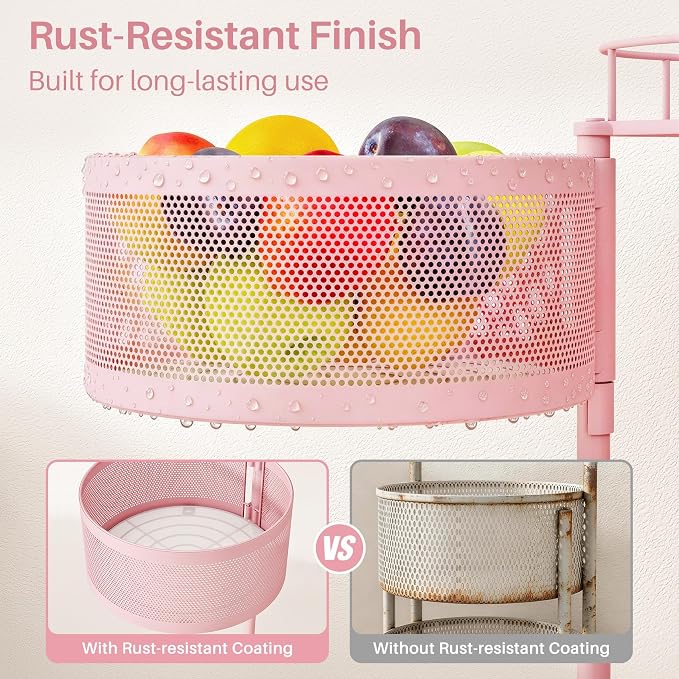 SNTD Fruit and Vegetable Basket Bowls for Kitchen with Metal Top Lid, 5 Tier Rotating Storage Rack Cart for Potato Onion Bread Banana, Wire Basket Organizer on Wheels, Large, Pink