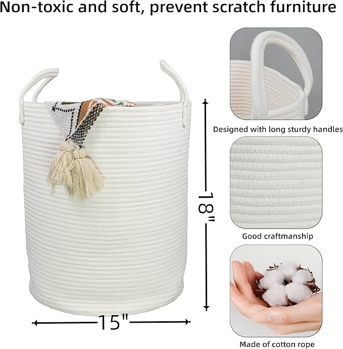 XUANGUO Cotton Rope Laundry Basket Hamper for Clothes Decorative Woven Storage Basket for Living Room Bedroom Boho Tall Rope Baskets for Blanket Toys Baby Nursery Hamper Bin Large white