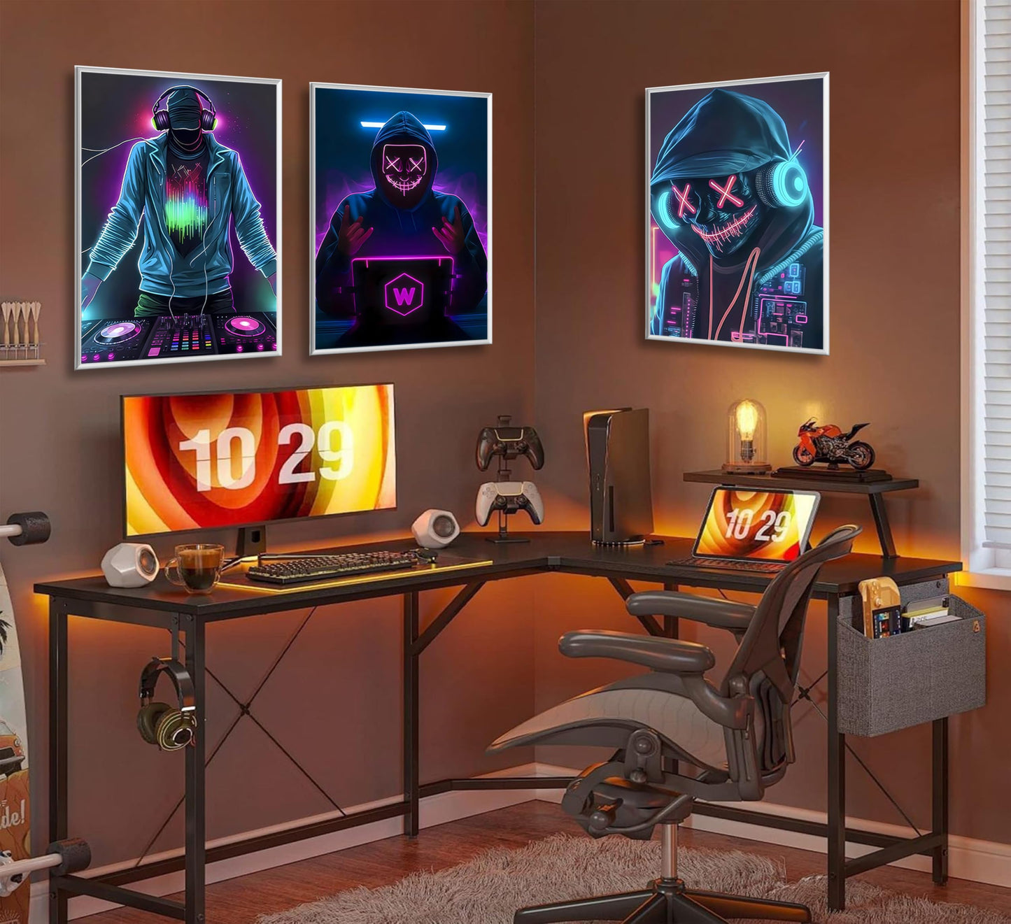 JWDXNOOK 3Pcs Cool Gaming Wall Art Neon Hooded Mask Character Pictures Posters Wall Decor Cyberpunk Canvas Paintings Prints for Teen Room Boy Bedroom Decoration Unframed