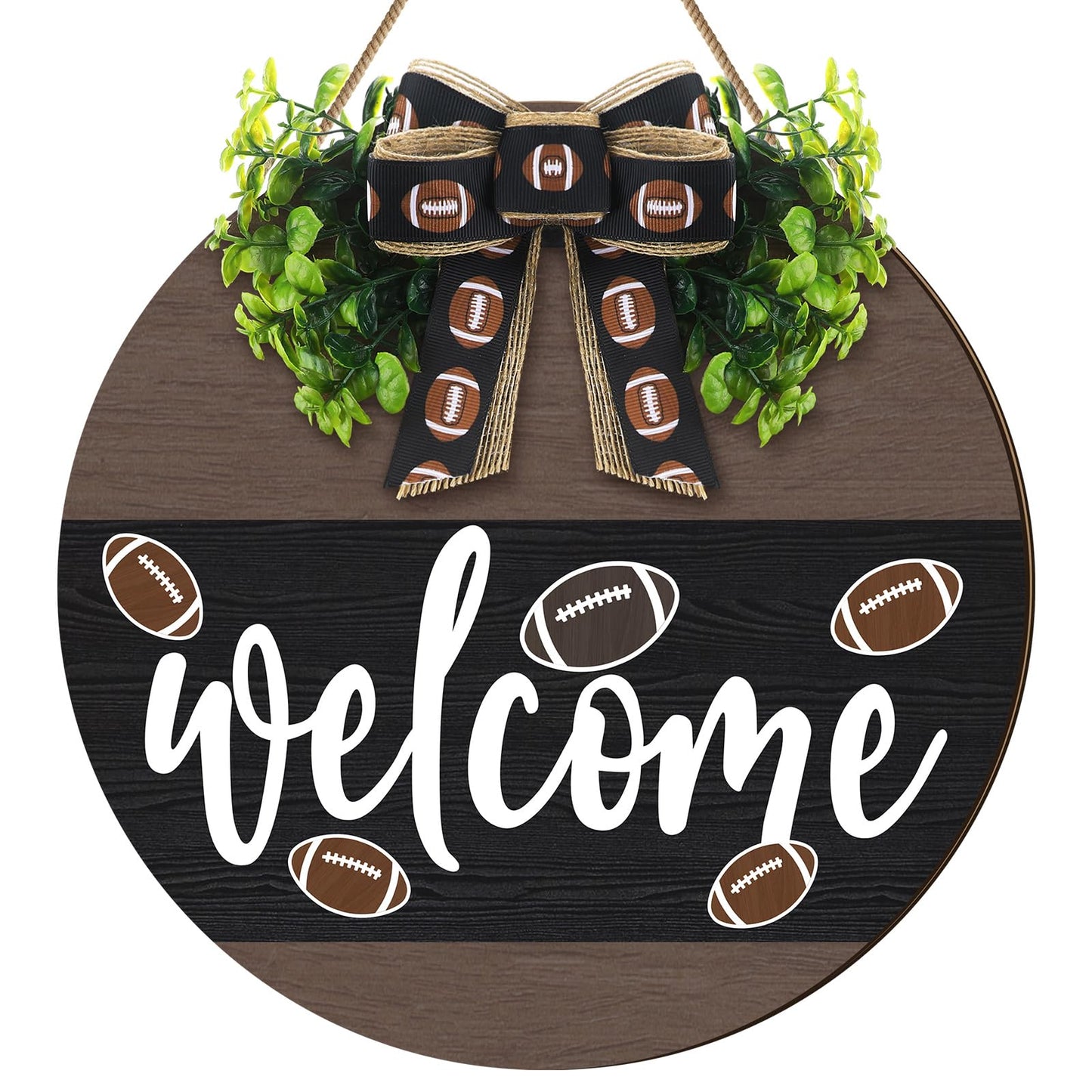 Moucuny Football Wreath for Front Door Football Wooden Welcome Hanging Sign Wreaths with Bow Farmhouse Wall Decoration for Home Front Porch Decor