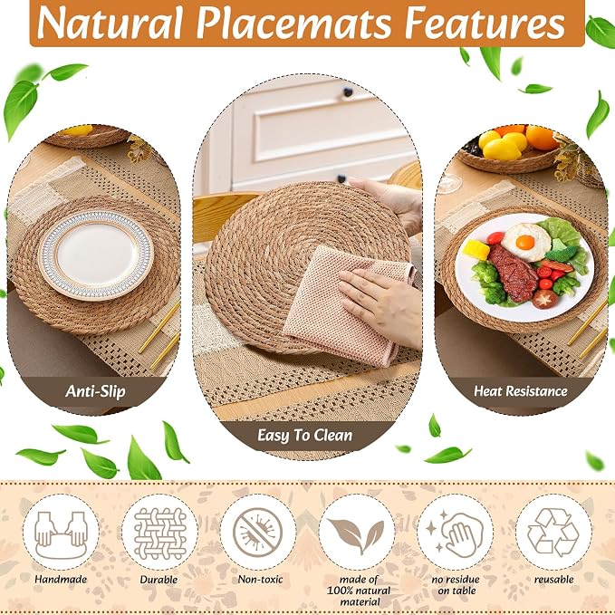 6 Sets Boho Decoration Placemats Round Woven Placemats, Cloth Napkins, Wood Bead Napkin Rings, Long Table Runner and Farmhouse Burlap Cotton for Table Kitchen (Neutral,12x72)