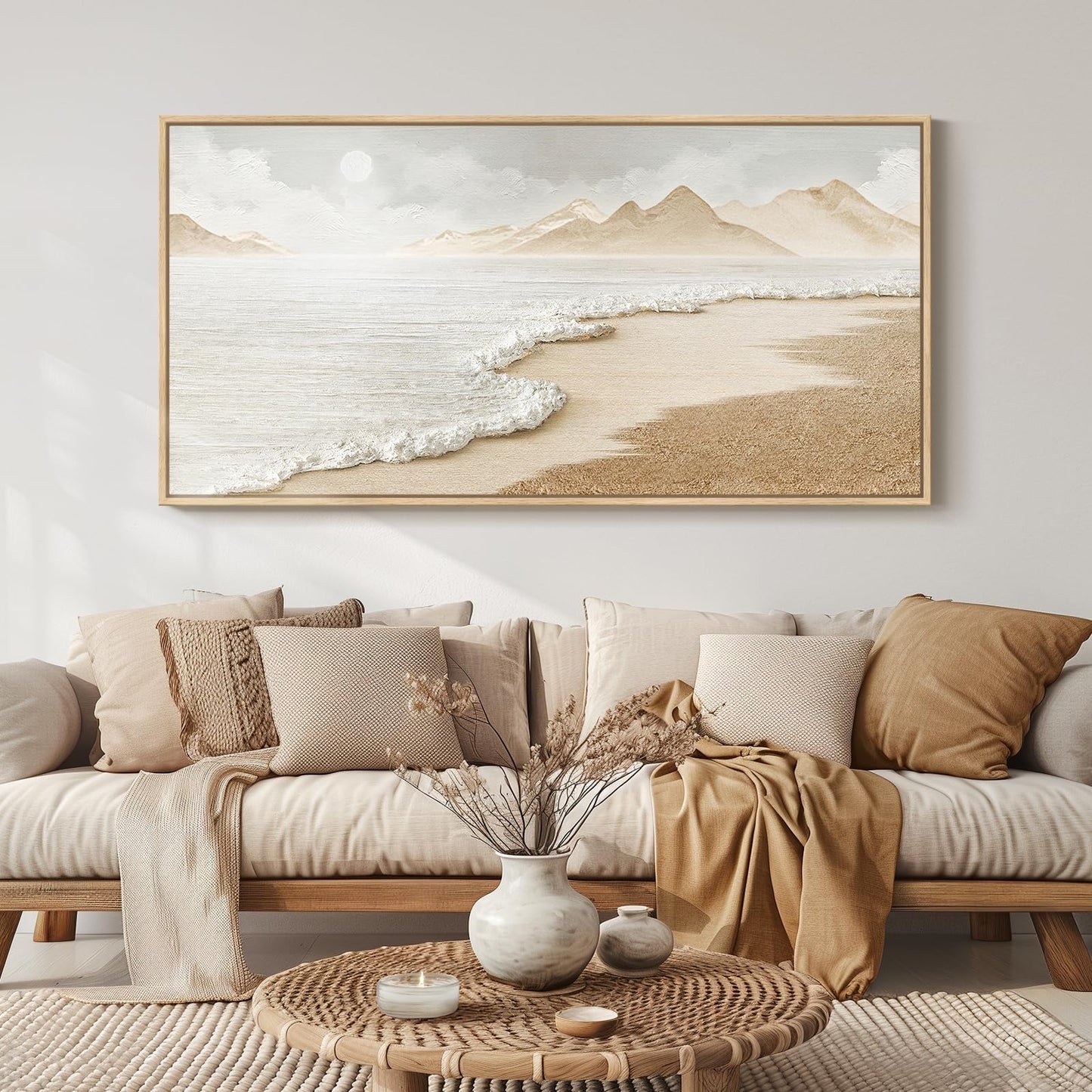 Framed Boho Coastal Beach Wall Art for Living Room, Extra Large Neutral Ocean Canvas Artworks for Walls, Horizontal Abstract Minimalist Coastal Art Print for Bedroom Kitchen Office Walls, 30x60 Inch