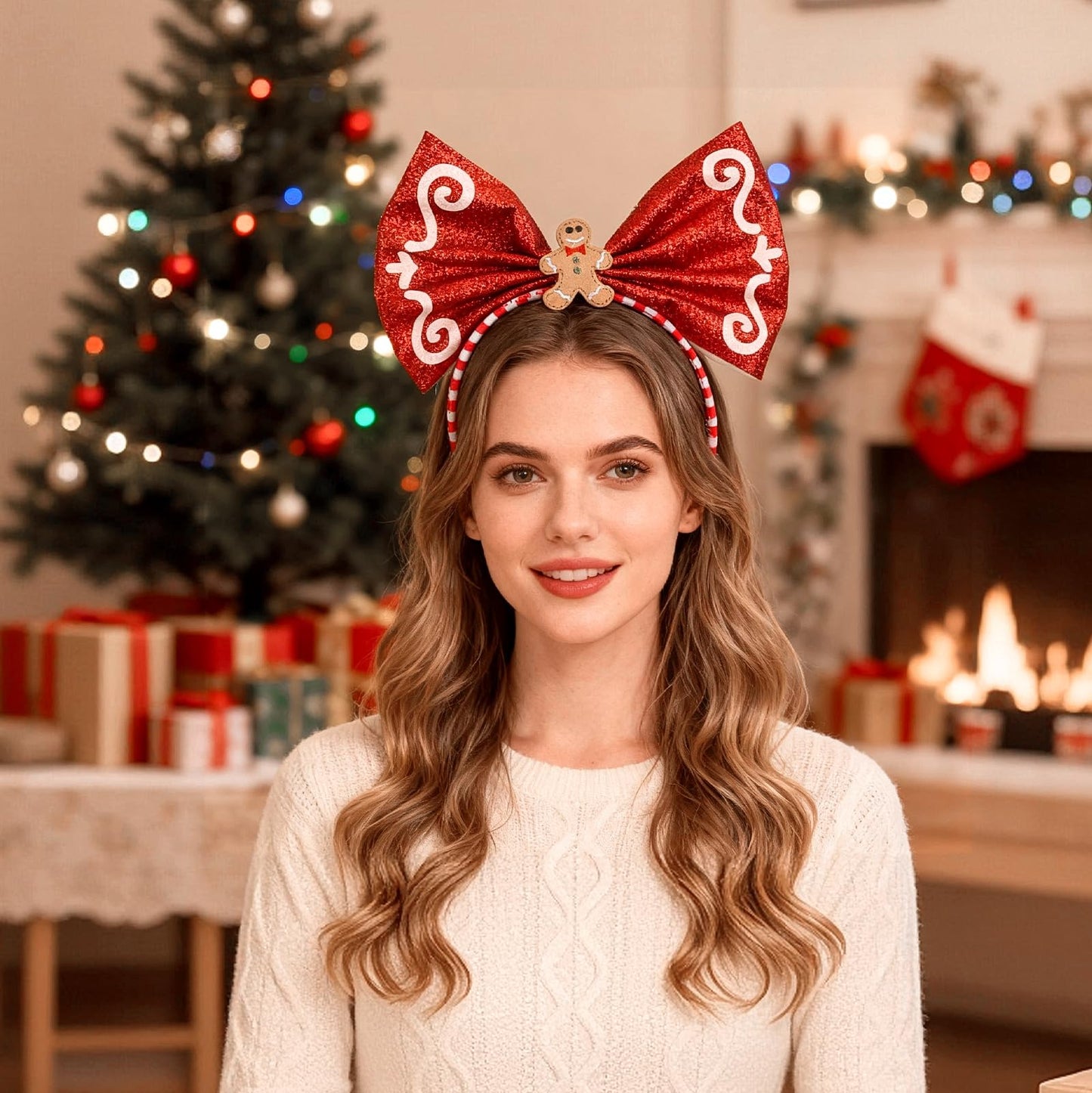 BYNYTO Christmas Bow Headband Gingerbread Man Hairband Candy Cane Hair Hoop Christmas Headbands for Women Festive Holiday Party Accessory
