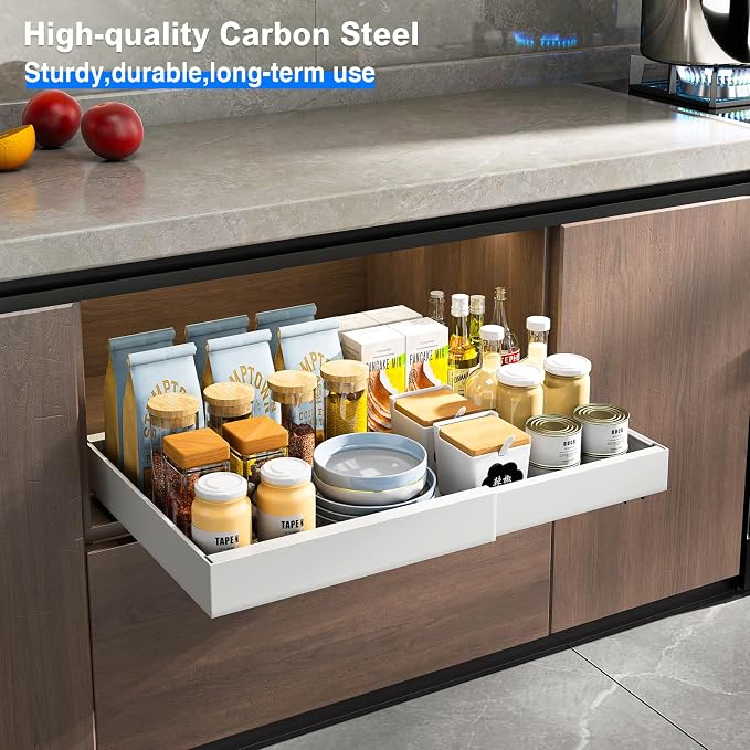 Mustorn 2 Pack Pull Out Cabinet Organizer, Expandable Slide Out Drawers for Kitchen Cabinets Peel and Stick Pullout Drawer Heavy Duty Sliding Shelves for Cupboard, Pantry, Bathroom(16.5" Deep, White)