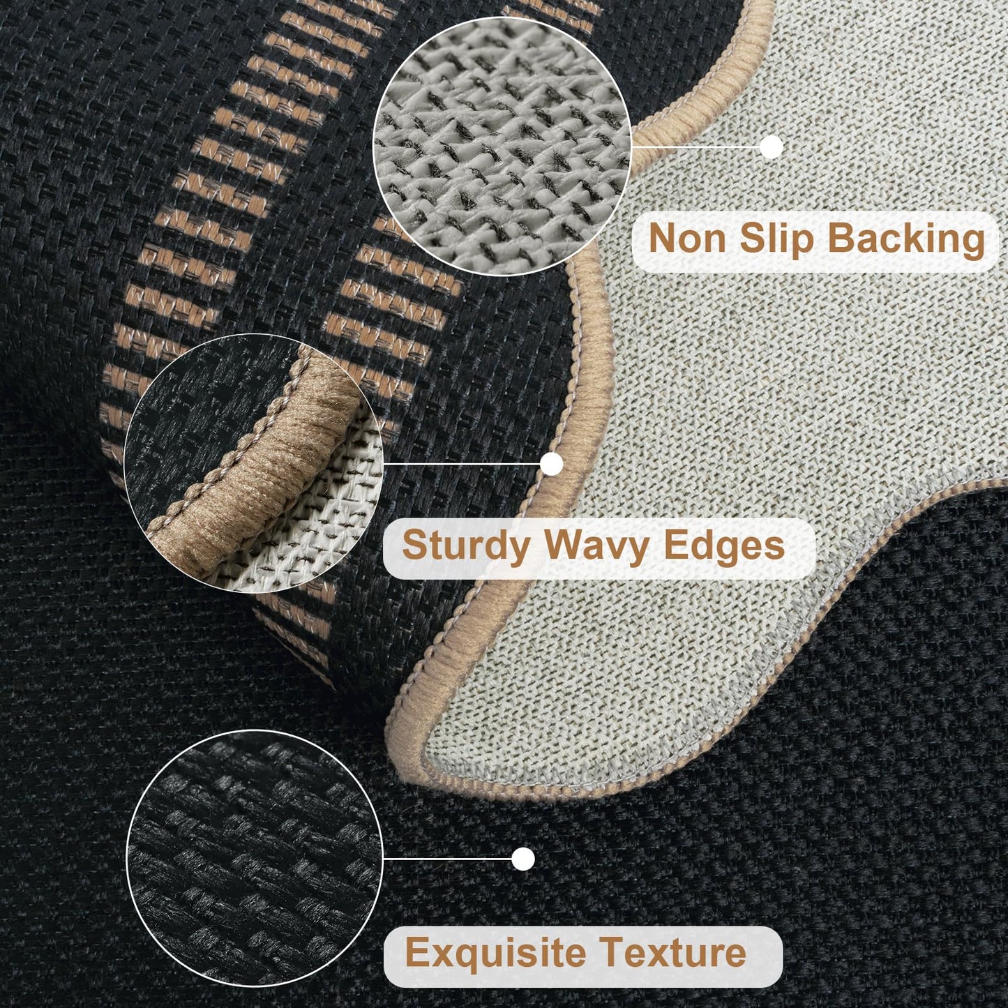 LORWER Modern Easy Jute 3x5 Outdoor Patio Rug, Black Washable Rugs for Entryway Indoor Kitchen Rugs, Farmhouse Neutral Non Slip Carpet for Living Room Backyard