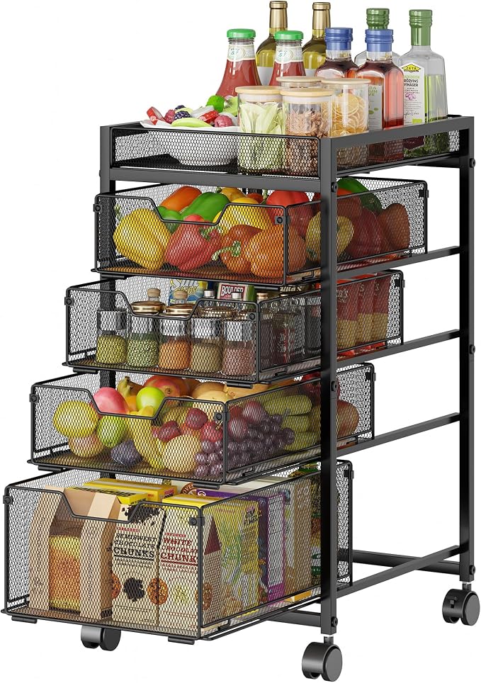keomaisyto 5-Tier Kitchen Storage Cart with Top Basket & Drawers, Fruit and Vegetable Storage Rack on Wheels, Metal Rolling Cart with Drawers & Kitchen Organization for Snacks, Potatoes, Onions, Cans