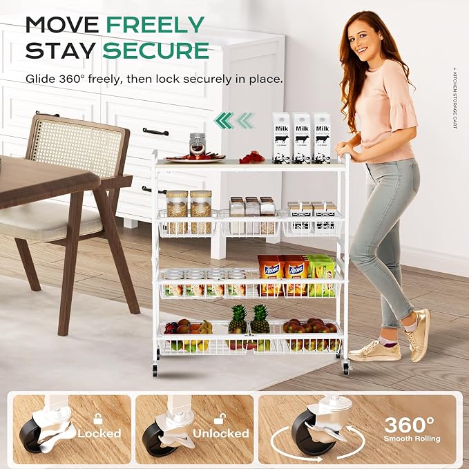 Cinati 4-Tier Utility Kitchen Cart with Wood Top, 29" W Kitchen Storage Cart with 8 Baskets & Handle, Metal Snack Cart with Wheels, Adjustable Pantry Organizer and Storage Cart for Fruit, Vegetables