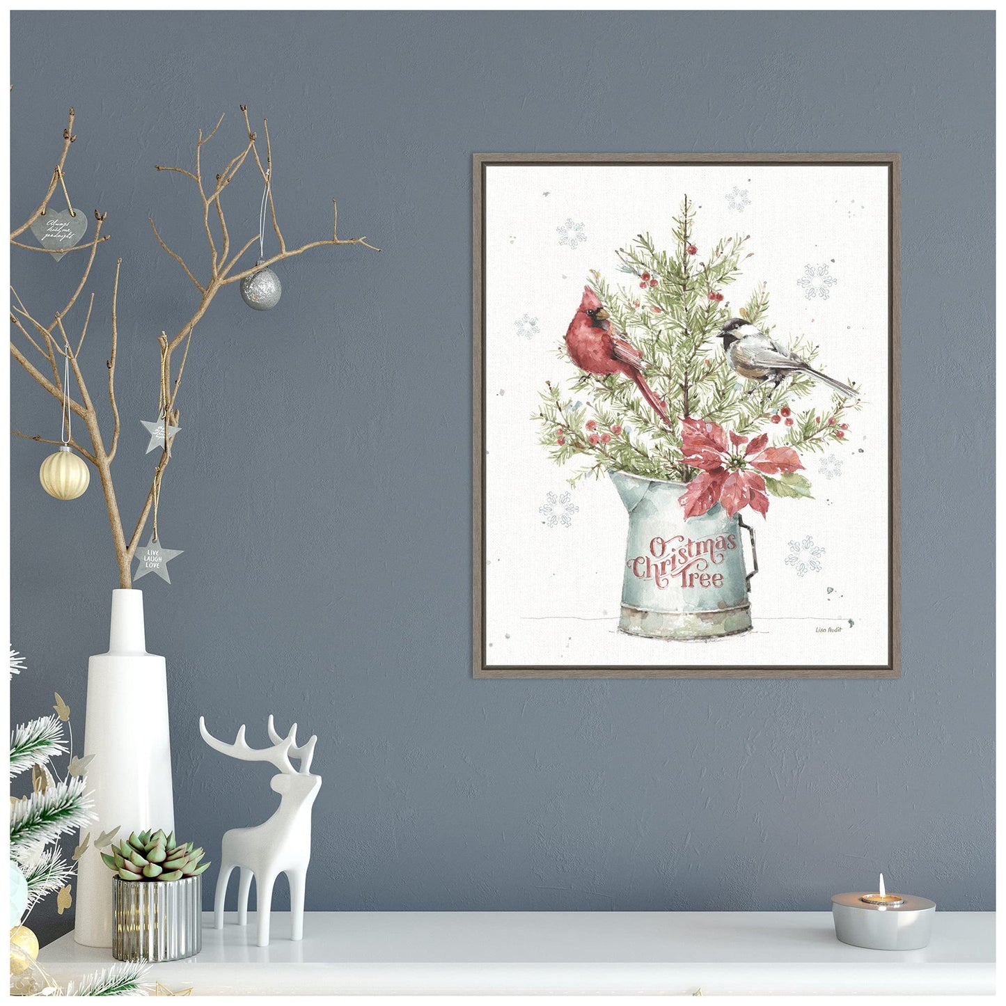 Amanti Art Framed Canvas Wall Art 20x16 A Christmas Weekend II with Chickadee by Lisa Audit, Framed Wall Art Canvas, Holidays Artwork, Rustic Farmhouse Decor, Small Painting for Living Room, Bedroom