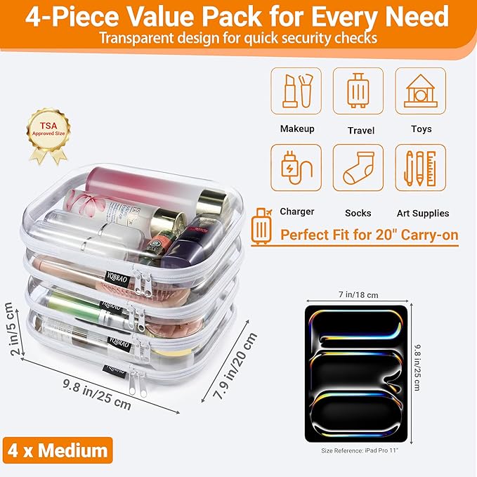 YQBRAO 4-Pack Clear Diaper Bag Organizer Pouches, 1.2mm Ultra-Thick PET Travel Pouches for Toiletries & Makeup, Rigid Self-Standing Bags with YKK Zippers, TSA Approved