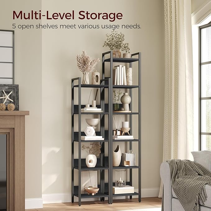 MAHANCRIS 5-Tier Bookshelf, Bookcase, Shelves Organizer for Small Spaces, Storage Shelf Organizer, for Living Room, Bedroom, Study, Balcony, Black BKHB5501