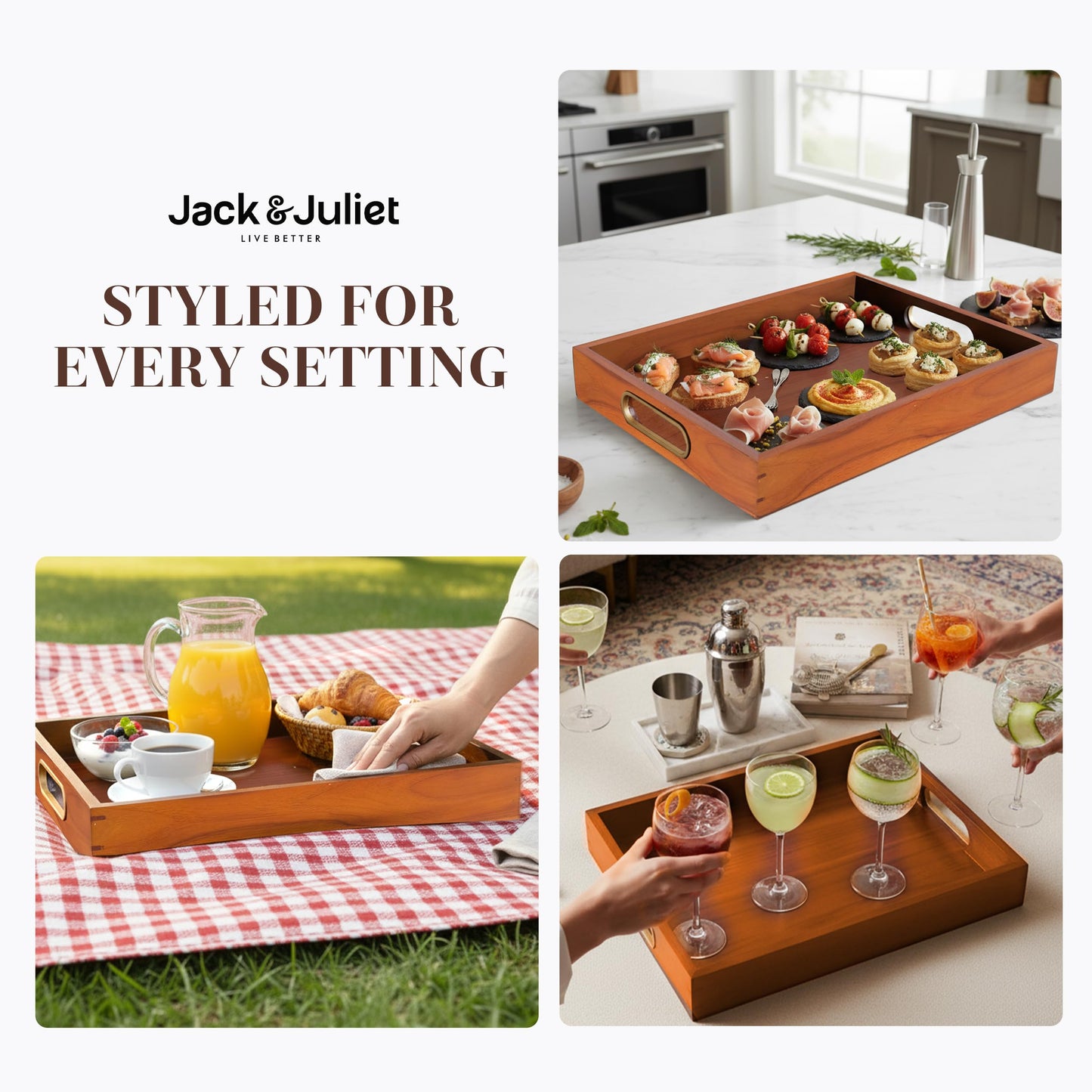 Jack & Juliet Teak Wood Ottoman Tray – Large Wooden Multifunctional Tray with Real Brass Handles - Non Slip Base in Food-Safe Finish - Gift-Ready Packaging for Coffee Table and Home Decor (Cherry)