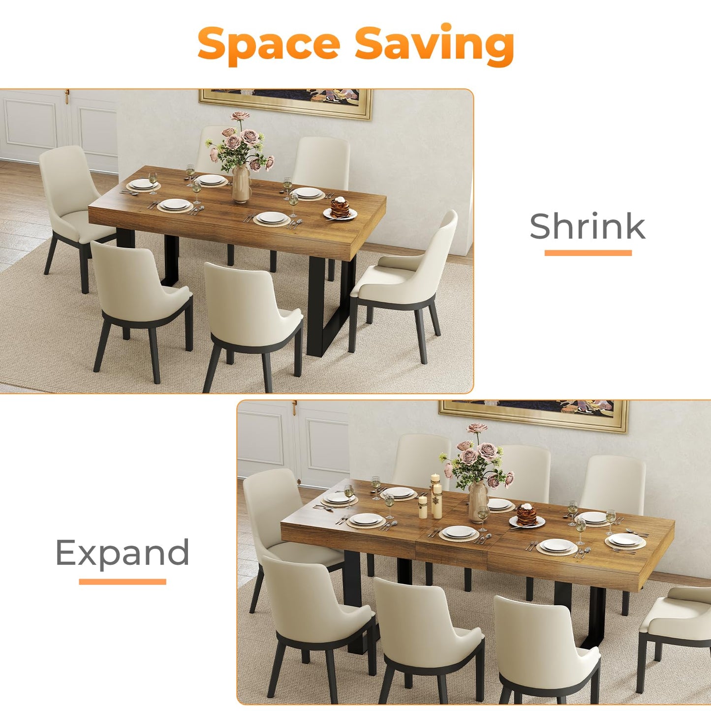 Zevemomo 63"-78.7" Expandable Dining Table, 6-10 Farmhouse Kitchen Table, Extendable Dining Table, Rectangular Kitchen Table with Metal Track, Tapered U-Shaped Legs for Dining Room, Office-Brown