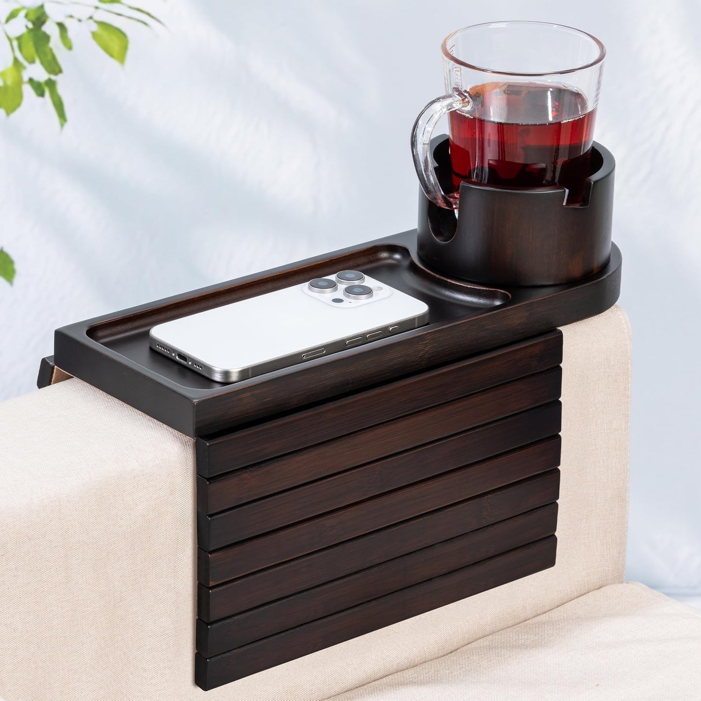 Couch Cup Holder for Armrests Over 4.9" Wide, Bamboo Couch Arm Tray with 360° Rotating Phone Stand, 3 in 1 Foldable Sofa Arm Tray Table for Remote, Snacks, Phone, Drinks Walnut