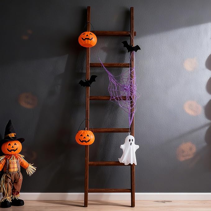 Wooden Blanket Ladder - Natural & Motley Wood - Leaning Wall Decor for Bedroom, Bathroom, Living Room - Rustic Quilt Holder & Towel Rack (Walnut Color, 76in（6-Tier）)