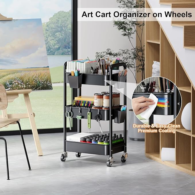 3 Tier Rolling Cart with Lockable Wheels, Metal Diaper Caddy Cart Organizer for Baby Essentials, Black Storage Utility Cart for Craft, Snack, Rolling Carts with Wheels for Lash Techs, Art, Bathroom