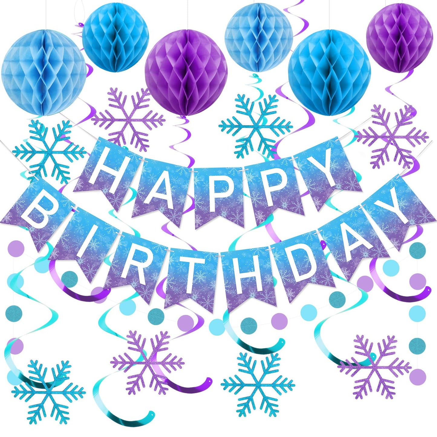 meowtastic Frozen Birthday Party Decorations - Happy Birthday Banner with Honeycomb Balls, Snowflake Hanging Swirls Streamers, Circle Dots Garland Decorations - Party Decor for Boys Girls (Frozen)