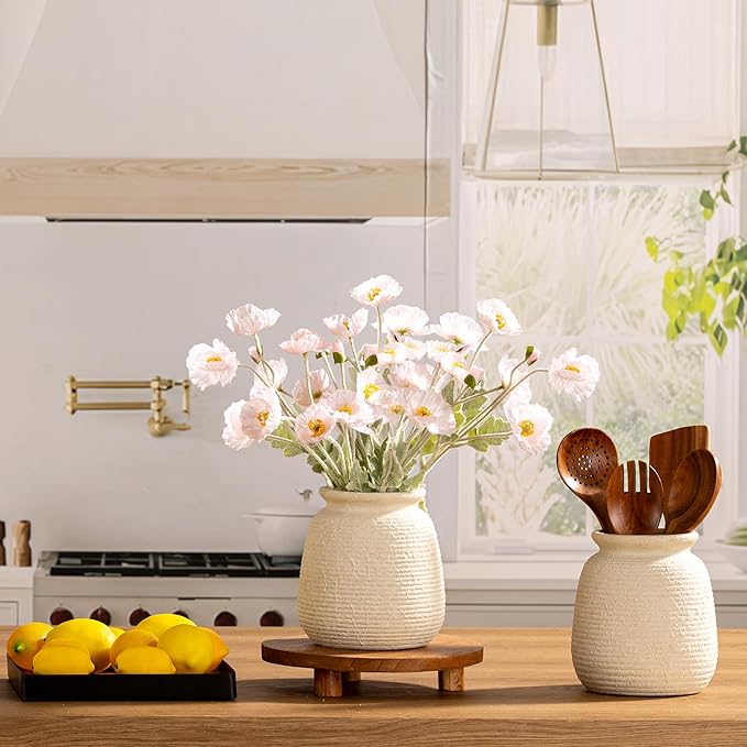 Ceramic Flower Vases Home Decor, Rustic Farmhouse Decorative Vase Pottery Wide-Mouth Vases for Home Decor Table Living Room Entryway Mantel Bookshelf Bedroom Bathroom Kitchen - 7.48" W