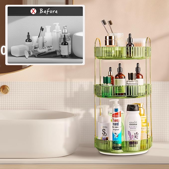 360 Rotating Makeup Organizer - Large Capacity Spinning Perfume & Cosmetic Skincare Holder for Vanity & Countertop (Gem Green, 3 Tier)