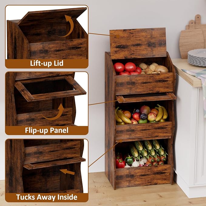 Potato and Onion Storage Bin with Lid, Root Vegetable Storage Rustic Bread Box for Kitchen Pantry, Wooden Bread Cabinet Fruit Storage Rack,Brown