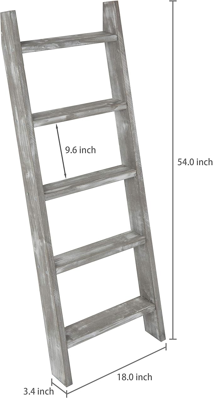MyGift Large Whitewashed Wood Ladder Blanket Ladder, Farmhouse Style Wall Leaning Towel Rack with 5 Rungs (Graywashed)