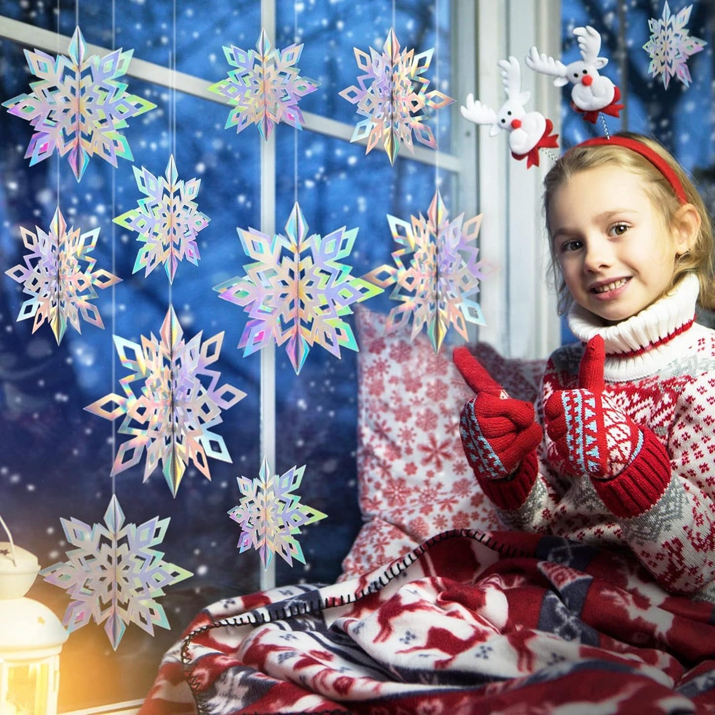 YsesoAi Winter Christmas Hanging Snowflake Decorations 15Pcs, 3D Iridescent Paper Snowflakes Rainbow Snow Flakes Garland for Winter Wonderland Holiday Frozen Christmas Birthday Party Home Decorations