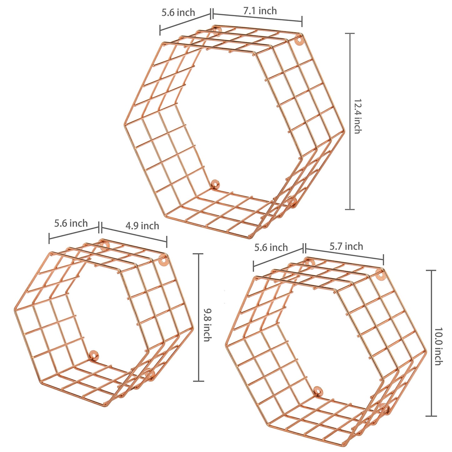 MyGift Copper Floating Hexagon Shelves, Hexagonal Copper-Tone Wire Wall-Mounted Hanging Shelf, Set of 3