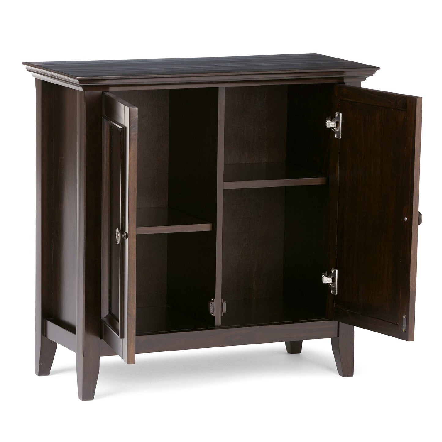 SIMPLIHOME Amherst 32-inch Wide Solid Wood Transitional-Style Low Storage Cabinet in Hickory Brown for Living Room, Entryway, or Dining Area with Adjustable Shelves