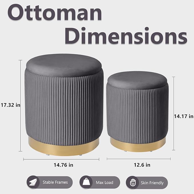 Royal Windsor Round Ottoman with Storage Set of 2, Vanity Stool with Storage for Bedroom, Ottoman Coffee Table Gold-Tone Ring Around the Base, Small Velvet Foot Stool for Living Room, Grey