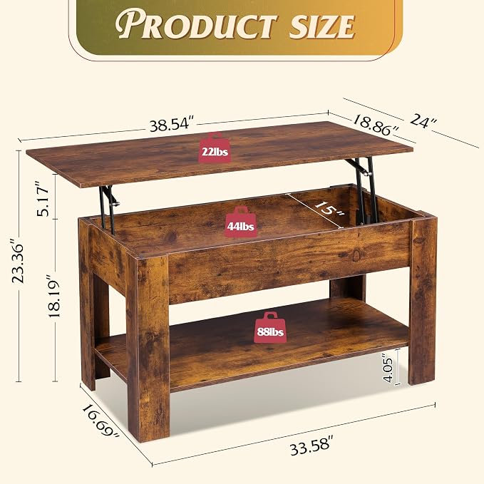 WLIVE Coffee Table, 39" Lift Top Coffee Table with Hidden Compartment, Storage Shelf and Lifting Top for Home Living Room, Office and Reception Room, Rustic Brown