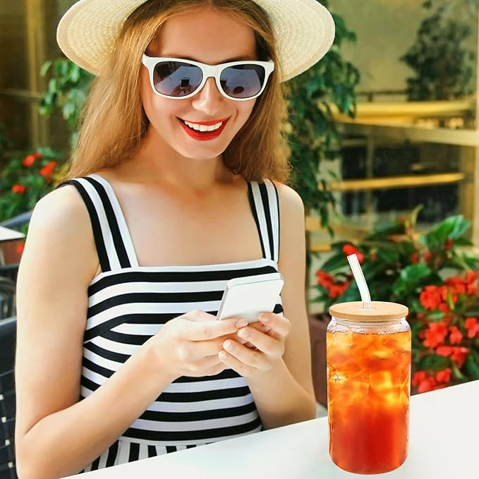 Joyclub 12 Set Glass Cups with Bamboo Lids and Glass Straws 16oz Can Shaped Reusable Clear Iced Coffee Glasses Bulk Set Drinking Jars wholesale for Party Weddings Cafes Boba Shops Gifts DIY