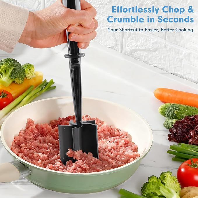 Ground Beef Chopper Tool, 2-Pack Heat-Resistant Meat Chopper for Ground Beef with 5 Curved Blades, Non-Scratch Meat Masher Ground Beef for Hamburger & Potatoes (Black)