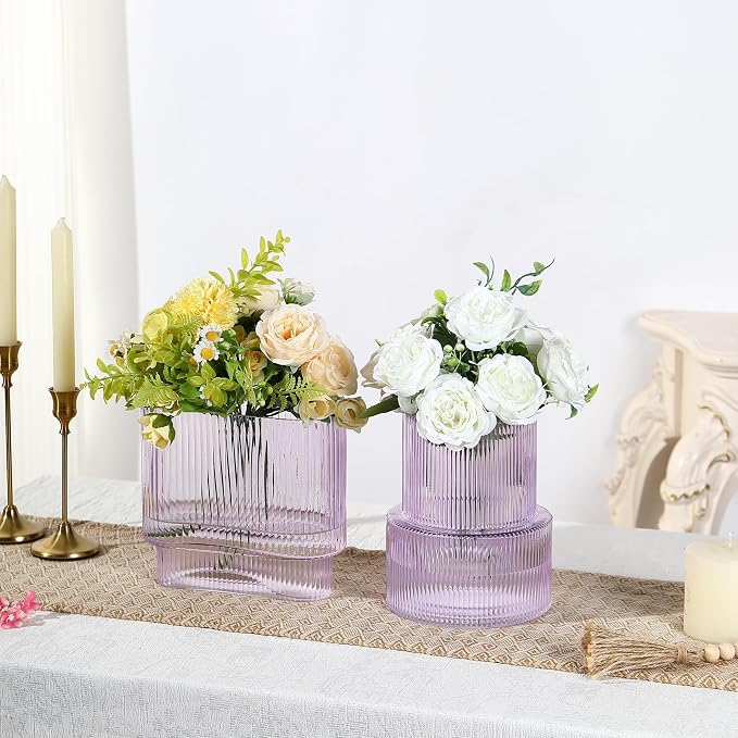 Purple Glass Vases, Set of 2 Ribbed Vases for Flowers, Purple Vase for Tulips, Modern Glass Vase for Living Room, Dining Table, Office, Entryway, Mantle, Bookshelf, Wedding Gifts