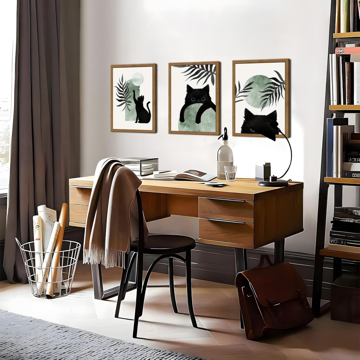 Framed Sage Green Cat Wall Art Set of 3, Natural OAK Wood Frame Boho Cute Black Cat Wall Decor Paintings, Minimalist Animal Aesthetic Canvas Posters Prints for Living Room Bedroom Bathroom 12x16In