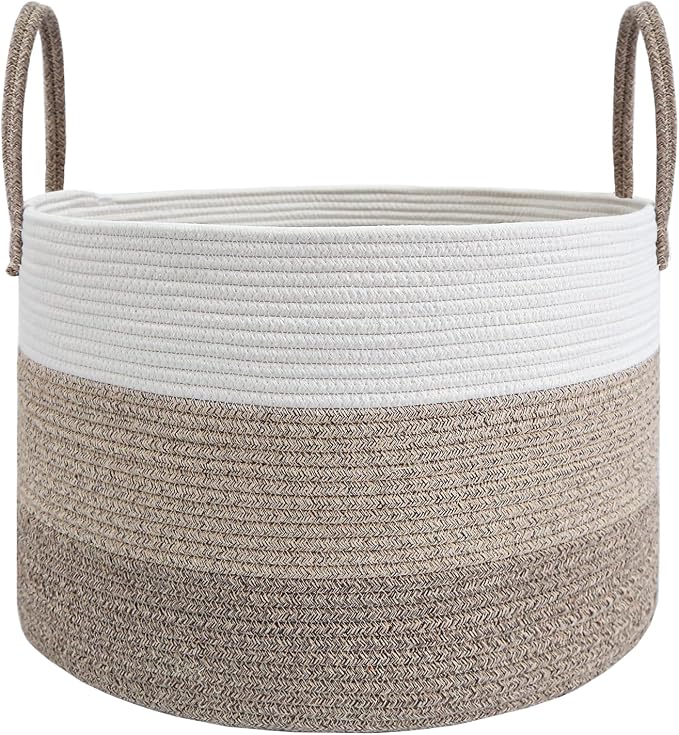 JMvicyroam 115L Extra Large Blanket Basket for Living Room - Woven Cotton Rope Laundry Hamper with Reinforced Handles - Storage Bin for Pillows, Comforters & Toys - Machine Washable,White&Brown Mix