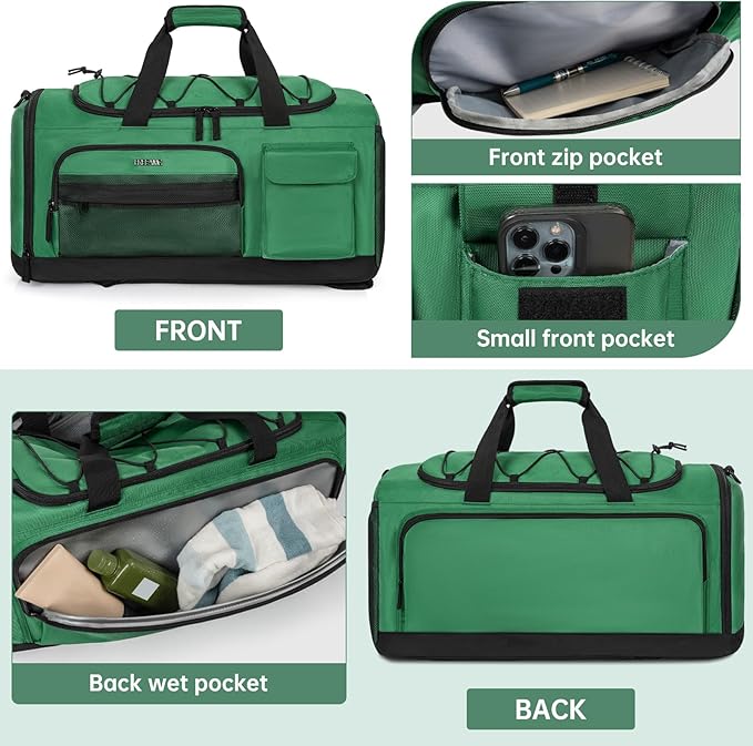 Gym Bag for Women & Men, Sports Travel Duffle Bag with Shoe Compartment, Anti-Theft Carry On Weekender Bag, Water Resistant Overnight Backpack for Airplane, Gym, Travel (Green)