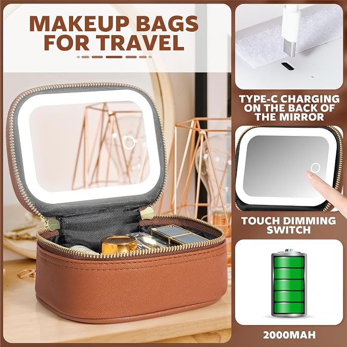 Mini Makeup Bag with Led Mirror, Small Travel Make up Bag 3 Light Modes Adjustable Brightness, for Women Organizer Cosmetic Bag, Portable Travel Train Toiletry Bag, for Pool Parties Work Touch-Ups