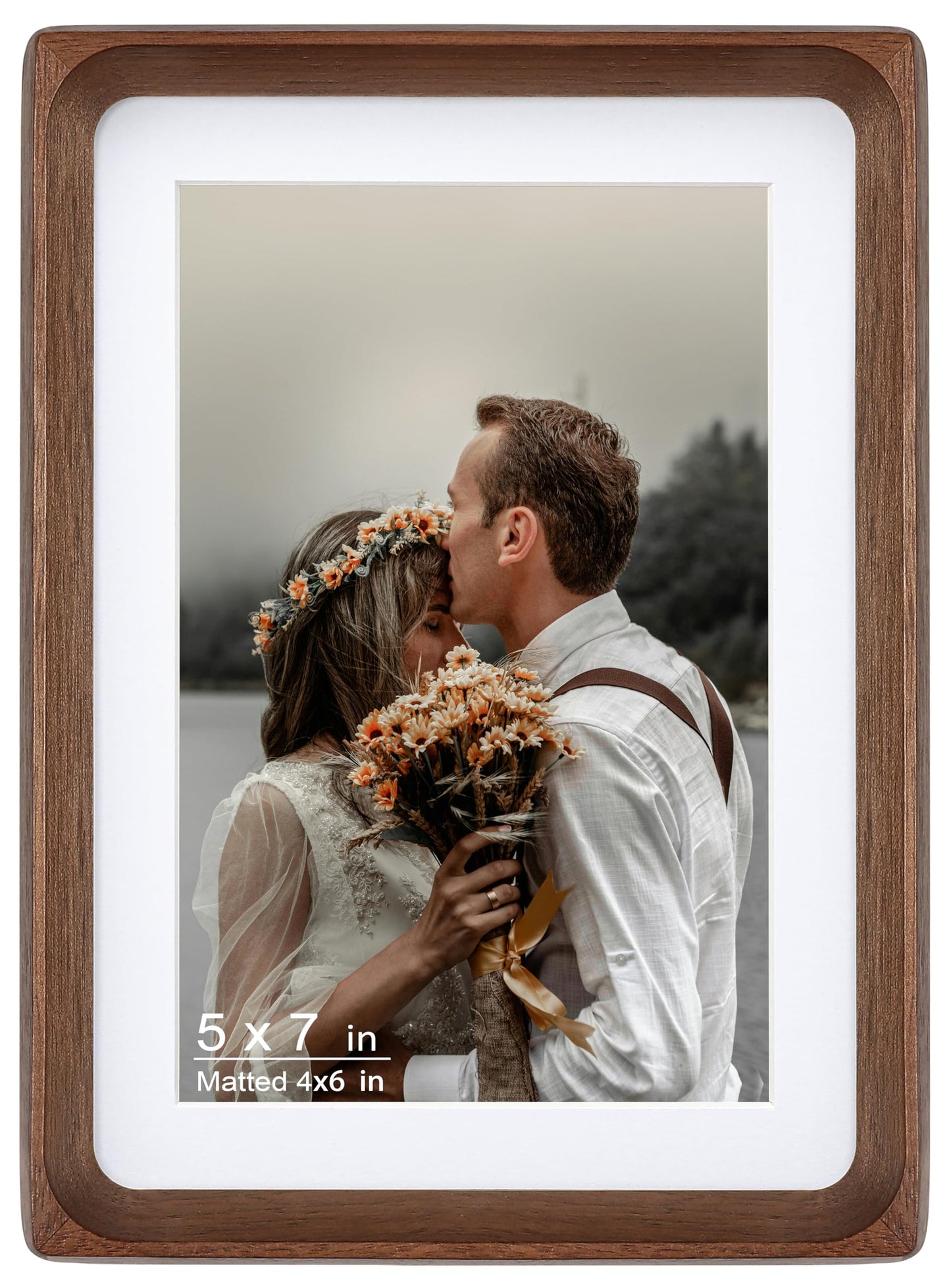 VAUWINEK 5x7 Picture Frame, Display Photos 4x6 with Mat or 5x7 without Mat, Made of Solid Natural Walnut Wood with Real Glass Vertical Horizontal Standing for Desk Tabletop Wall Hanging Gallery Frame